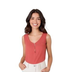 Roz & Ali Women’s Coral Pink Sleeveless Gold Zipper V-Neck Tank Top XL